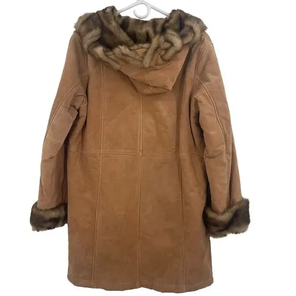✨ NWT Vintage Dennis Basso Suede Leather Faux Fur Lined Hooded Heavy Coat Medium - Picture 3 of 9